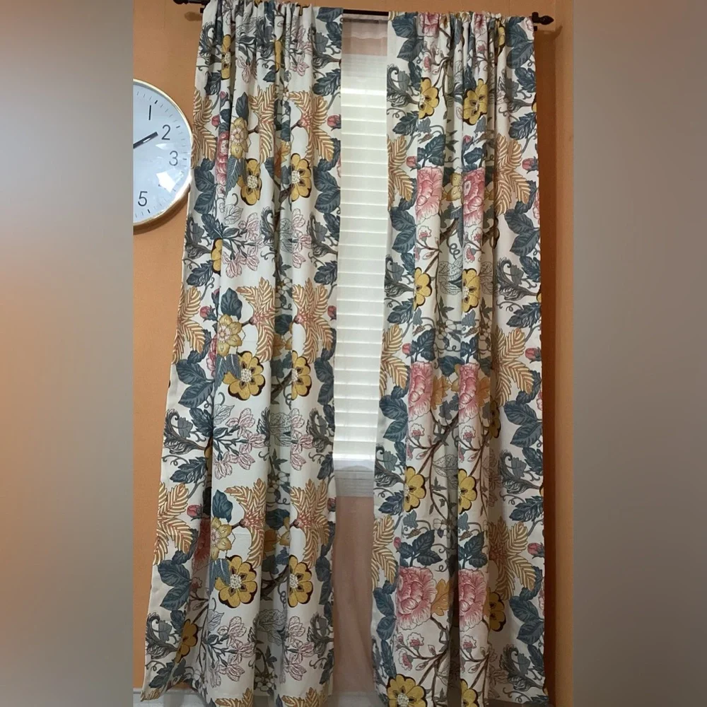Floral Print Window Curtains - Yellow, Pink & Green